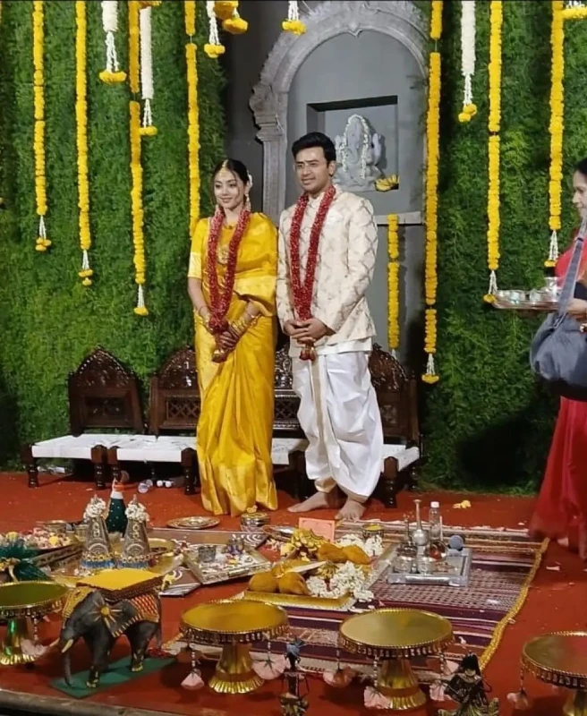 BJP MP Tejasvi Surya marries singer and dancer Sivasri Skandaprasad in Bengaluru.